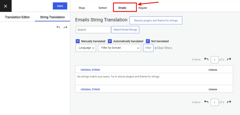 Tab email trong trình soạn thảo chuỗi của TranslatePress